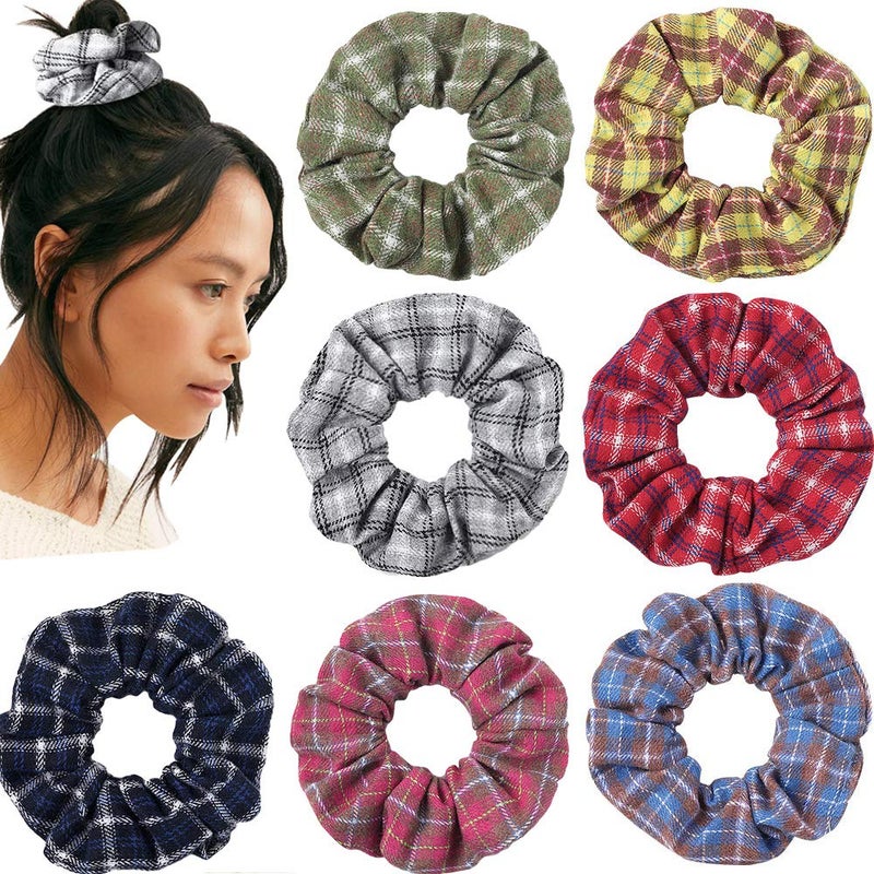 DINPREY Plaid Hair Scrunchies, 7 PCS Mulberry Silk Elastic Hair Ties, Large Hair Ties, Strong Elastic Hair Bobbles for Ponytail Holder - Image 1